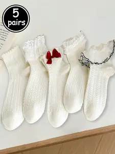 5 Pairs of Women's Fit Soft Simple Versatile Bow Lace Frill Lolita Mid-Calf Socks, Trendy Fashion Accessories for Every