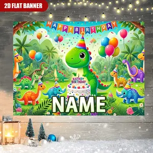 (Custom Name)2D Flat, Personalized Custom Name Birthday Party Backdrop - Vibrant Cartoon Dinosaur Theme with Balloons & "Happy Birthday" Text, Durable Polyester Fabric, No Electricity Needed for Indoor/Outdoor Ho