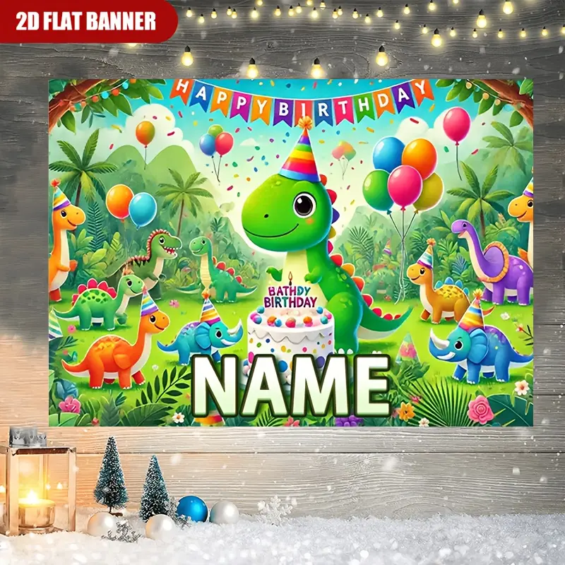 Personalized Custom Name 2D Flat Dinosaur Birthday Backdrop Banner, Vibrant Cartoon Theme with Balloons & "Happy Birthday" Text, Durable Polyester Fabric, Customizable Indoor-Outdoor Festive Party Supplies