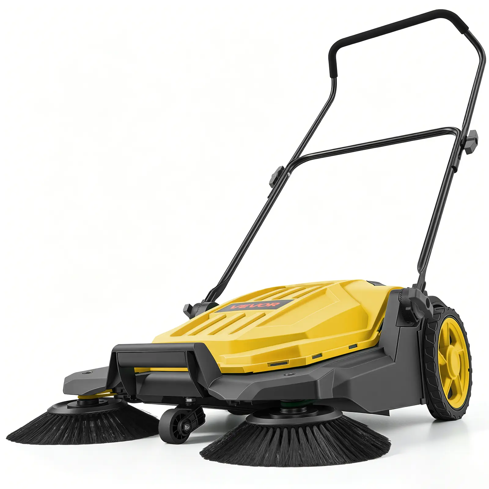 VEVOR Walk-Behind Hand Push Floor Sweeper, Manual Floor Sweeper Non-Electric with 25.6" Sweeping Width, 5 Gallons Waste Container & Adjustable Folding Handle for Yards Walkways Patios Garages - Yellow
