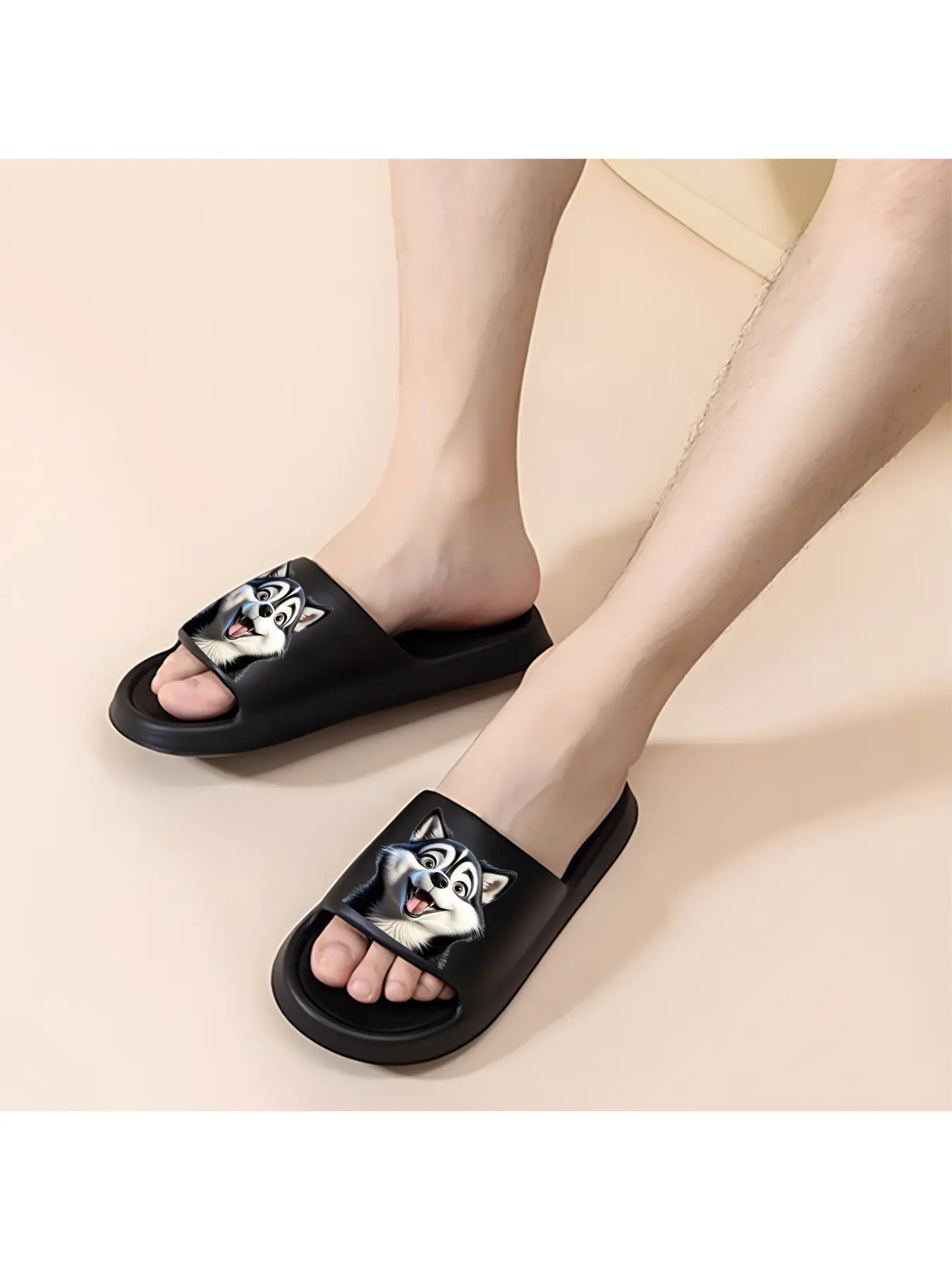 Funny Husky Print Slippers Unisex, Non-slip Soft Sole Slides For Indoor Home Use, Fashionable Cartoon Dog Flip Flops For Outdoor Wear, All-season Universal Slippers For Bathroom Shower, Cute And