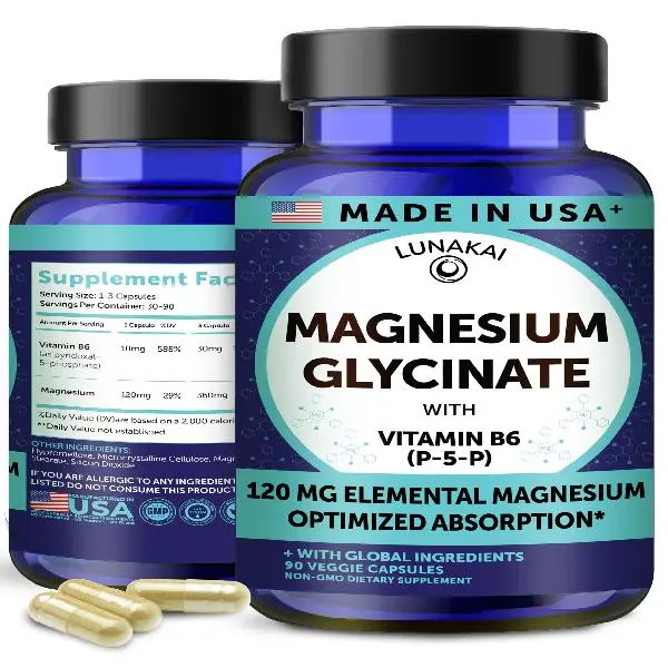 Lunakai USA Made Pure Magnesium Glycinate Capsules 120mg Elemental with B6 (P-5-P) – High Absorption Magnesium Supplement for Women & Men - Daily Sleep & Muscle Support, Non-GMO, 90ct