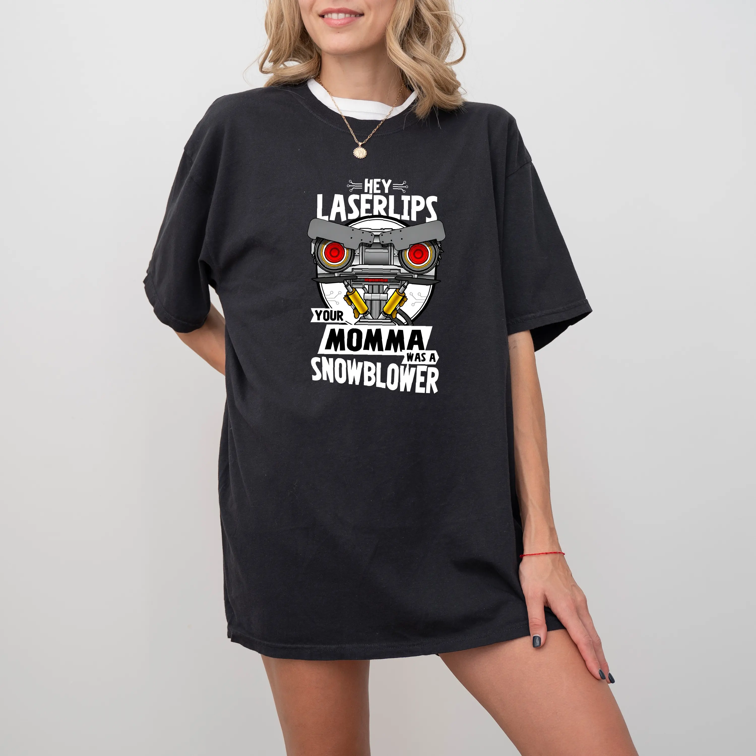 Funny Retro Robot Shirt, Laser Lips Quote Tee, Sci Fi Snowblower Graphic Top, Oversized Tech Humor Gift 2026