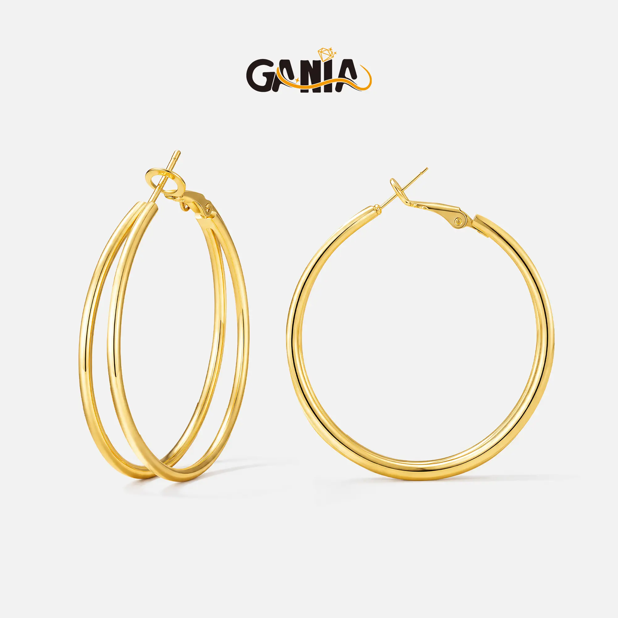 GANIA Large Thin Double Hoop Earrings for Women 30/40/50/60mm Gold Hypoallergenic Post Hoops Non Tarnish Sturdy Layered Earrings with Secure Clip-Top Design   Valentine's Day gift