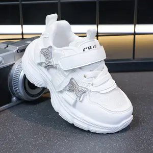 Chic White Sneakers with Sparkling Bows Stylish Low-Top Kids Casual Party Wear All-Season Comfort Adjustable Strap Easy Closure Sneakers