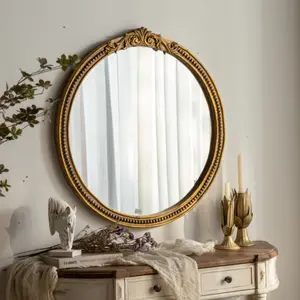 32" Round Metal Frame Wall Mirror Gold Soild Wood Decor Decorative