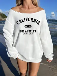 Women's California Print Crew Neck Pullover Sweatshirt, Casual Long Sleeve Shoulder Pad Top for Fall & Winter, Women's Clothes for Daily Wear, Hoodie