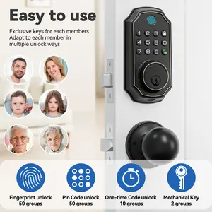 Fingerprint Smart Lock with handle for Front Door, Keyless Entry Deadbolt Lock with knob, 50*Fingerprints-50*PIN codes- 10*One time codes-2 Keys, Human Voice Guide, Backlit Keypad, Auto Lock Enable or Disable, Long Battery Life, Easy to Install