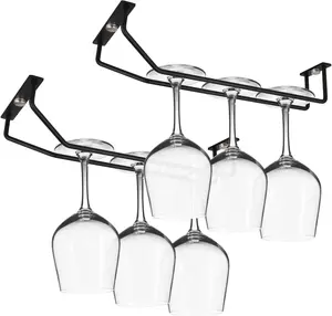 10.8 Inch Black Wine Glass Rack, Under Cabinet Wine Glass Holder, Metal Stemware Rack Hanger for Kitchen Storage (2 Pack)