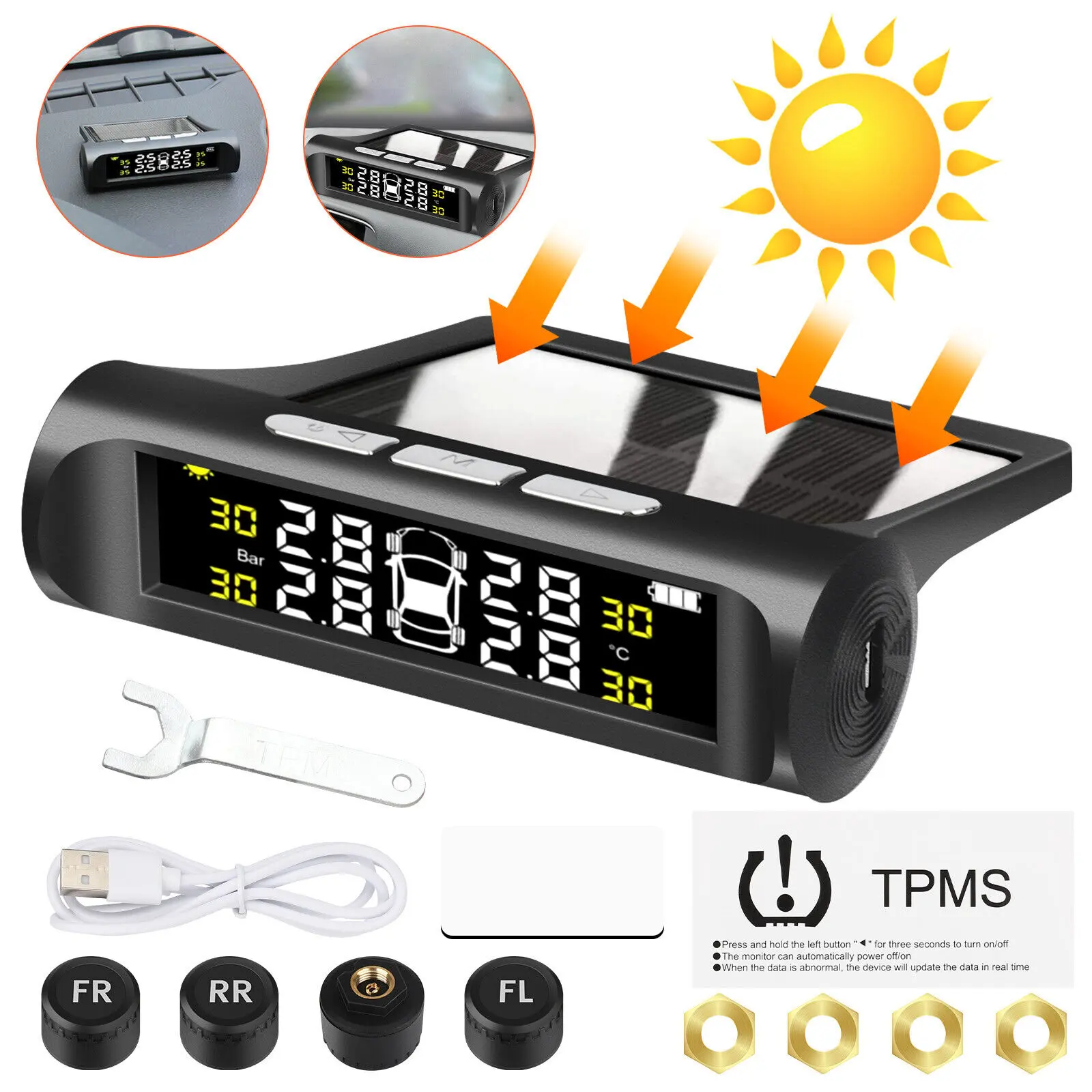 Dazone Wireless Solar Power Car Tire Pressure Monitor System - LCD Screen Digital Display Wireless Set with 4 External Sensors for RV Trailers