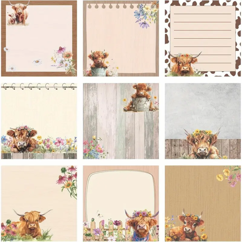 9Pcs adorable cartoon themed Sticky Notes Set, Floral Pattern Sticker, Decoration Sticker, 3x 3 (7.62 x 7.62 cm), adhesive memo pads perfect for office decor. An ideal gift for students, teachers, and office meetings.