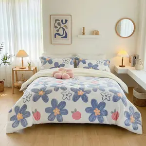 Blue Floral Fleece Fluffy Comforter Set - 3 Piece Twin Size Thick Comforters for Her Girls, Plush Cozy Warm, Soft Microfiber Bedding for Girls' Bedroom Decor (1 Comforter + 2 Pillow Shams)