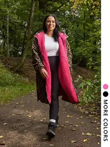 Women's Leopard Print Hooded Jacket, Loose Long Windproof Coat, Fleece Lined Zipper Outerwear, Casual Outdoor Party Jacket