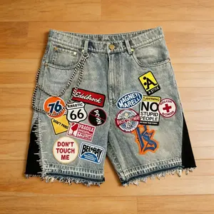 Streetwear Retro Patchwork Denim Shorts Y2K Baggy Jeans Hip Hop Cartoon Graphic Loose Blue Casual Jean Shorts for Men Women