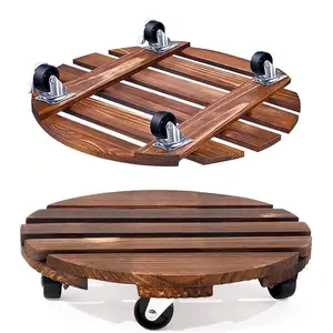 2pcs Wooden Rolling Plant Stand with Wheels, 10 Inch Round Plant Dolly Rollers Rack 200 Lbs Heavy Duty Plant Base Holder Caddy with Metal Lockable Casters for Large Flower pots Indoor Outdoor Patio