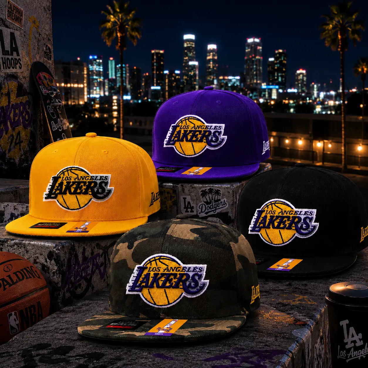 Los Angeles Lakers Snapback Hat – Premium Flat Brim Basketball Cap | Adjustable NBA Streetwear in Black, Purple, Gold & Camo