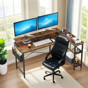 47'' Gaming Desk with Power Outlets, Reversible L Shaped Computer Desk with Monitor Stand & Storage Shelves, Corner Home Office Desk with Side Bag for Home Office, Bedroom, Small Space, Vintage