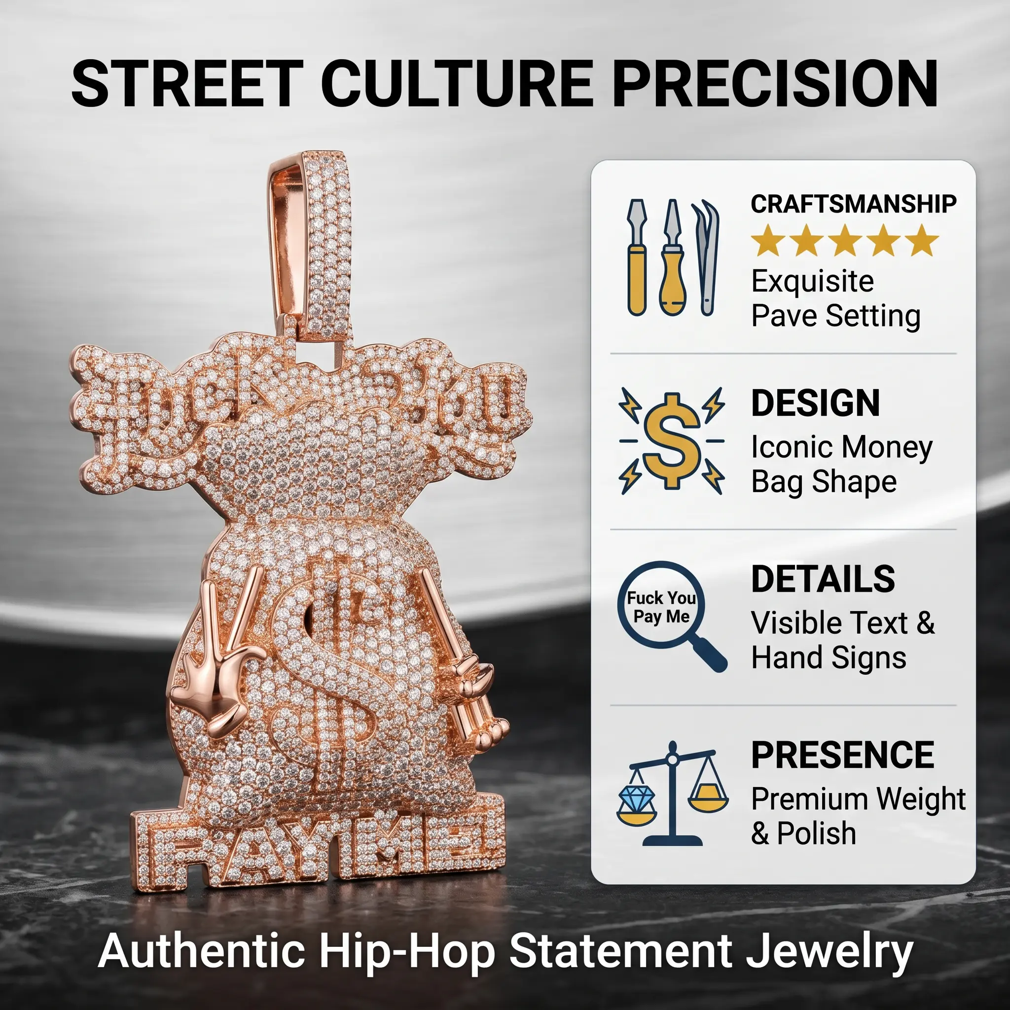 S925 Silver Rose Gold-Plated Men's Rappers Adults Necklace, Iced Out Dollar Sign Money Bag Charm, Full CZ Pavé Setting Hip Hop Piece, 4mm Twisted Rope Chain for Daily Wear, Nickel-Free, Cubic Zirconia Pendants, Fashion Pendants, Necklace Pendant Jewelry