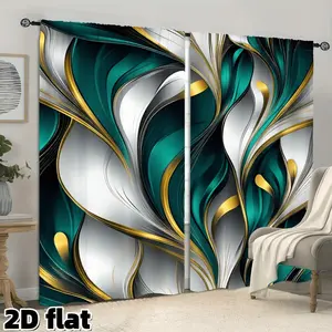 2D Flat 2Pcs Modern Abstract Feather Pattern Curtains Emerald Green Gold White Elegant Design Semi Sheer Rod Pocket Drapes for Living Room Bedroom Office Window Treatment Light Filtering Luxury Art Decor Privacy Protection