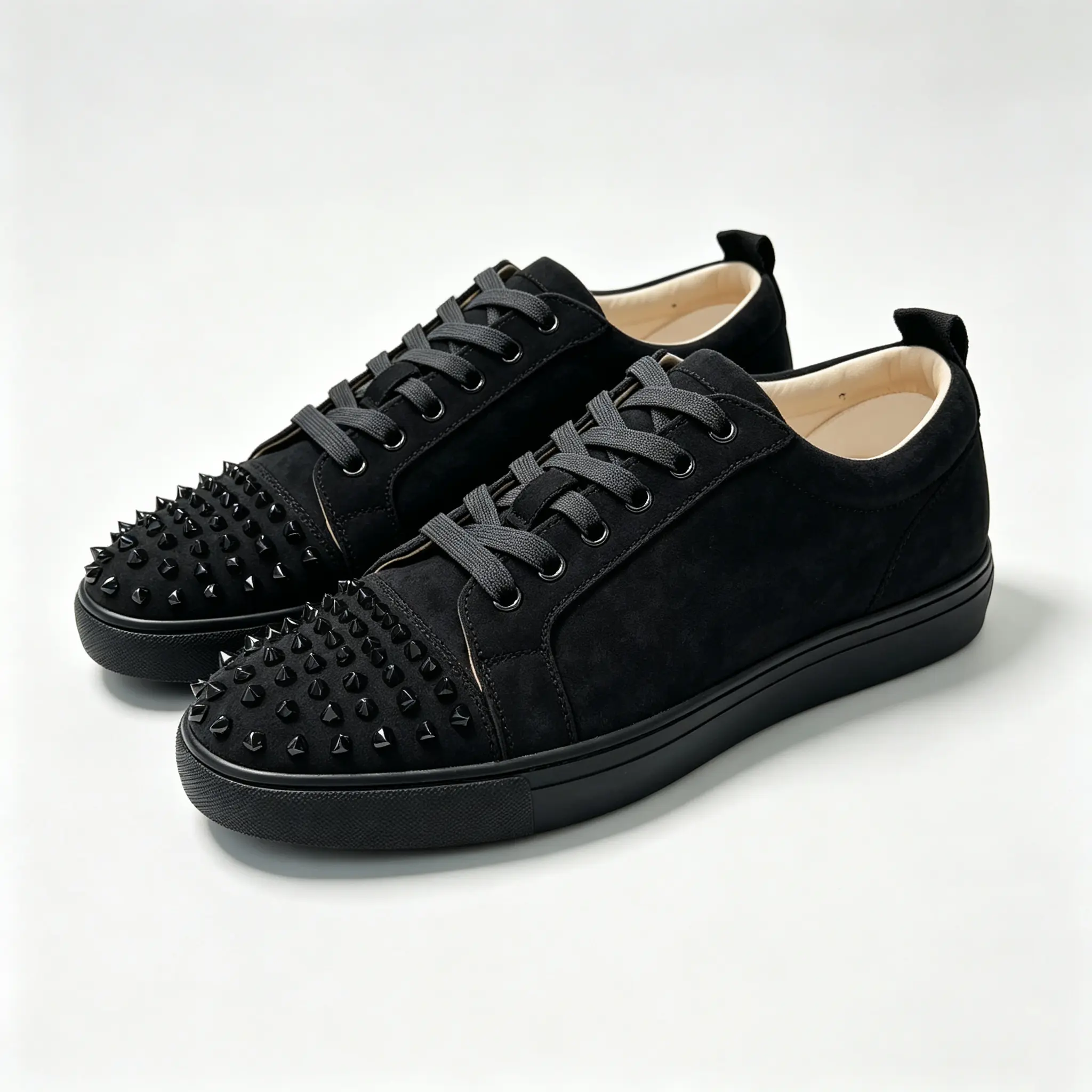 Men Black Suede Spike Toe Casual Sneakers, Low Top Lace Up Street Shoes for Daily Outfit Night Club