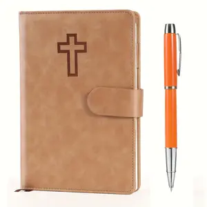 Premium Faux Leather Christian Bible Prayer Journal with Cross Design - Study Scripture Notebook & Daily Devotional Planner, Magnetic Clasp Closure, Soft Binding - Perfect Gift for Graduation, Baptism, Church Events, Religious Gift Item  | Metallic Pen