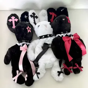 Y2K Edgy Cross-Lace Bunny Plush Backpack, Cute Aesthetic Subculture Shoulder Bag for Casual Wear Enthusiasts with Bunny Plush Design and Cross-Lace Detailing