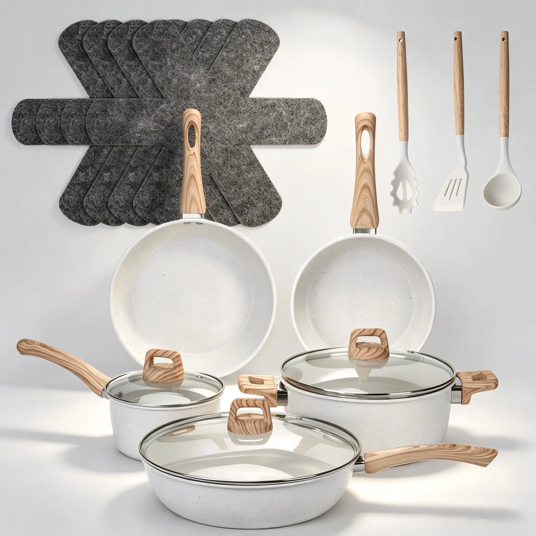 12 Pcs Nonstick Granite Cookware Set, Kitchen Pots and Pans Set with Frying Pans, Saucepans, Glass Lids and 3 Bonus Kitchen Utensils, Induction Compatible, Non-Toxic Easy Clean Cooking Set