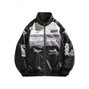 [Leather Biker Jacket] Green & Black Men's PU Leather Biker Jacket - Color Block Racing Style with Zipper Closure, Stand Collar, Bird Sleeve Casual Fabric Menswear Coats Polyester Tops 【Red】