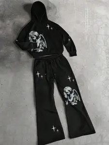 Men's Street Style Angel Letter Print Sport Pants and Hoodie Set, Casual Fitted Long Length, Spring & Fall Fashion, Tracksuit Sets