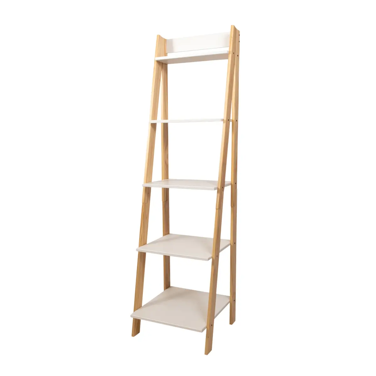 212 MAIN Adeptus 95083 Solid Wood 5-Shelf Ladder Bookshelf - Natural Legs, White Open Back Display Shelf, Bookshelf Book Rack