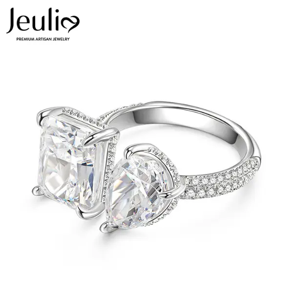 Jeulia Women's Toi et Moi Sterling Silver Engagement Ring - 14.115 ct Center, 1.215 ct Radiant-Pear Cut 2-Stone, 9.2 mm Height Bridal Ring, Diamond Set Anniversary Gift