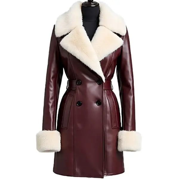 Women's Burgundy Leather Coat – Double-Breasted Long Jacket with White Fur Collar & Cuffs