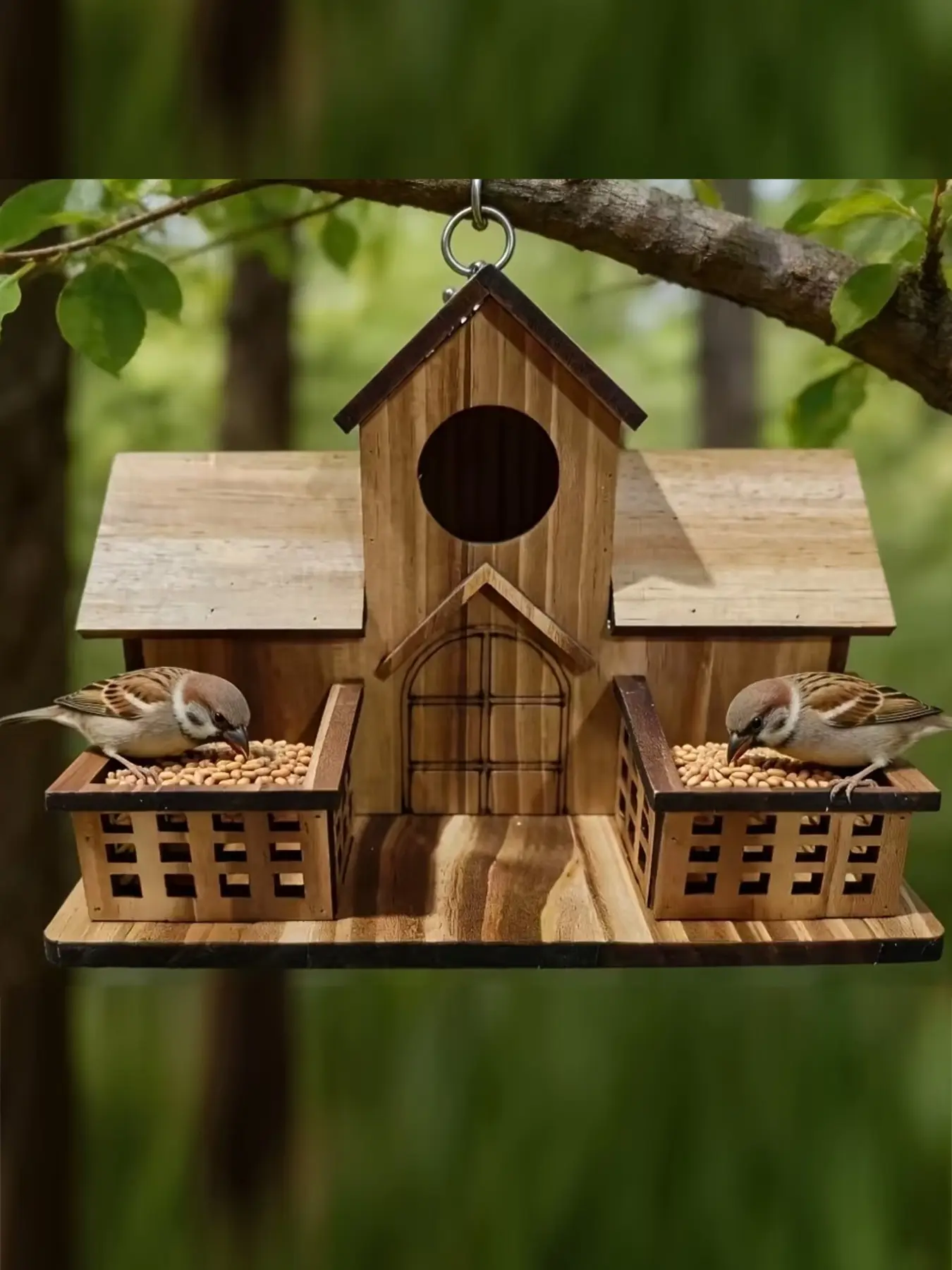 Handcrafted Large Wooden Outdoor Birdhouse, Natural Pine Hanging Bird Feeder, Rustic Design, Garden and Patio Decoration, Attracts Birds