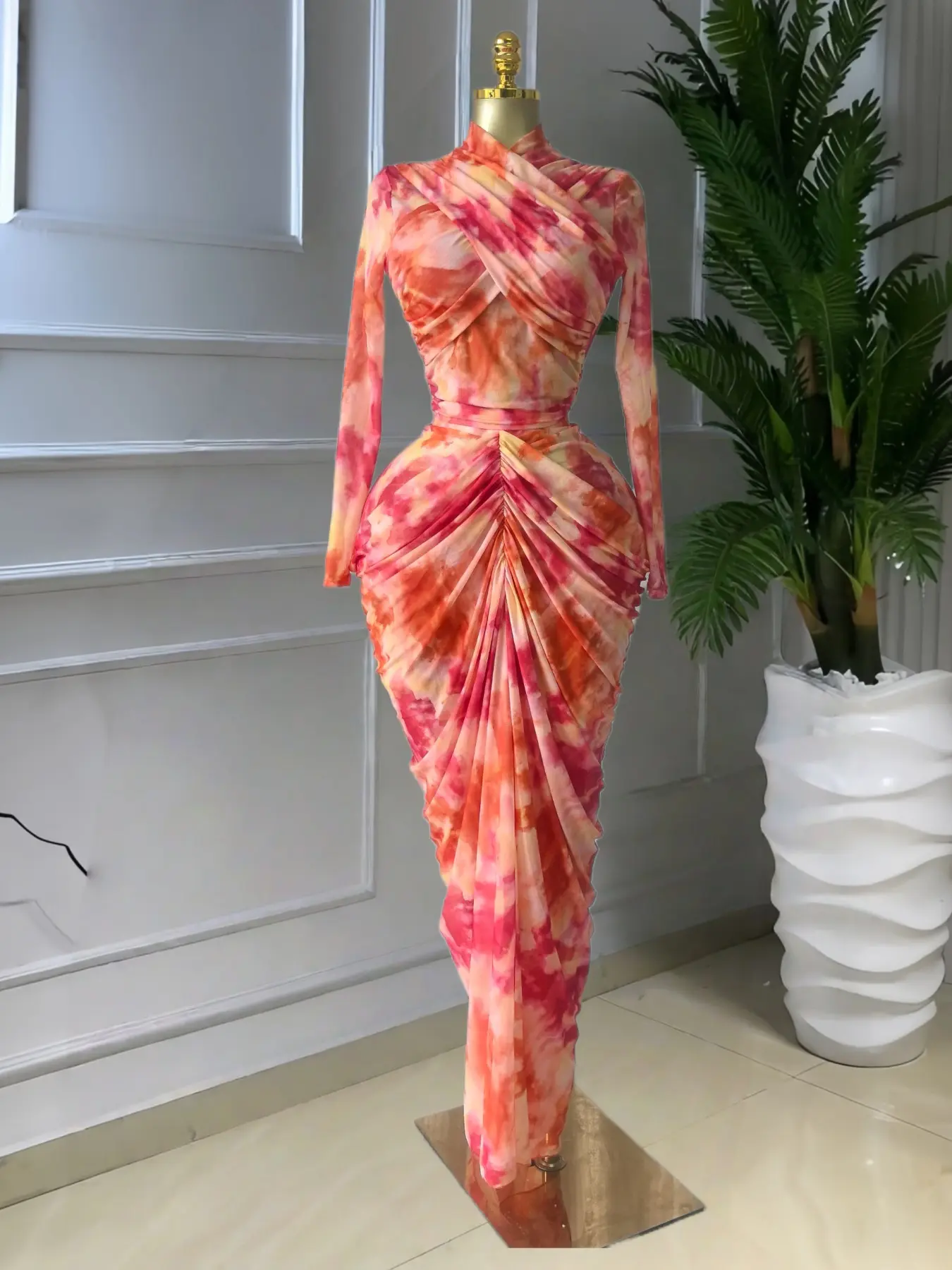 PULKRITU Elegant Women's Tie Dye Printed Two Piece Set Outfits, Wrap Long Sleeve Crop Top + Ruched Maxi Skirt , Casual Beach Resort Birthday,  Vacation Street Lady Two-Piece Set,Female Fashion 2 Piece Co-ord Set, Beachwear