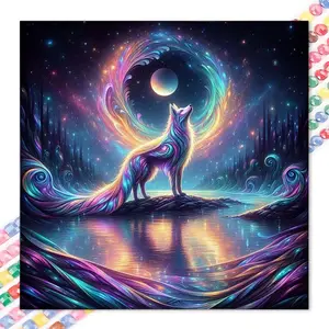 1pcs 5D DIY diamond painting kit, 5D diamond art set, DIY decoration, dream fox, colorful moon, starry sky, diamond painting full round drill DIY, mosaic, diamond art, DIY art home decoration, wall art painting, suitable for Halloween and Christmas.