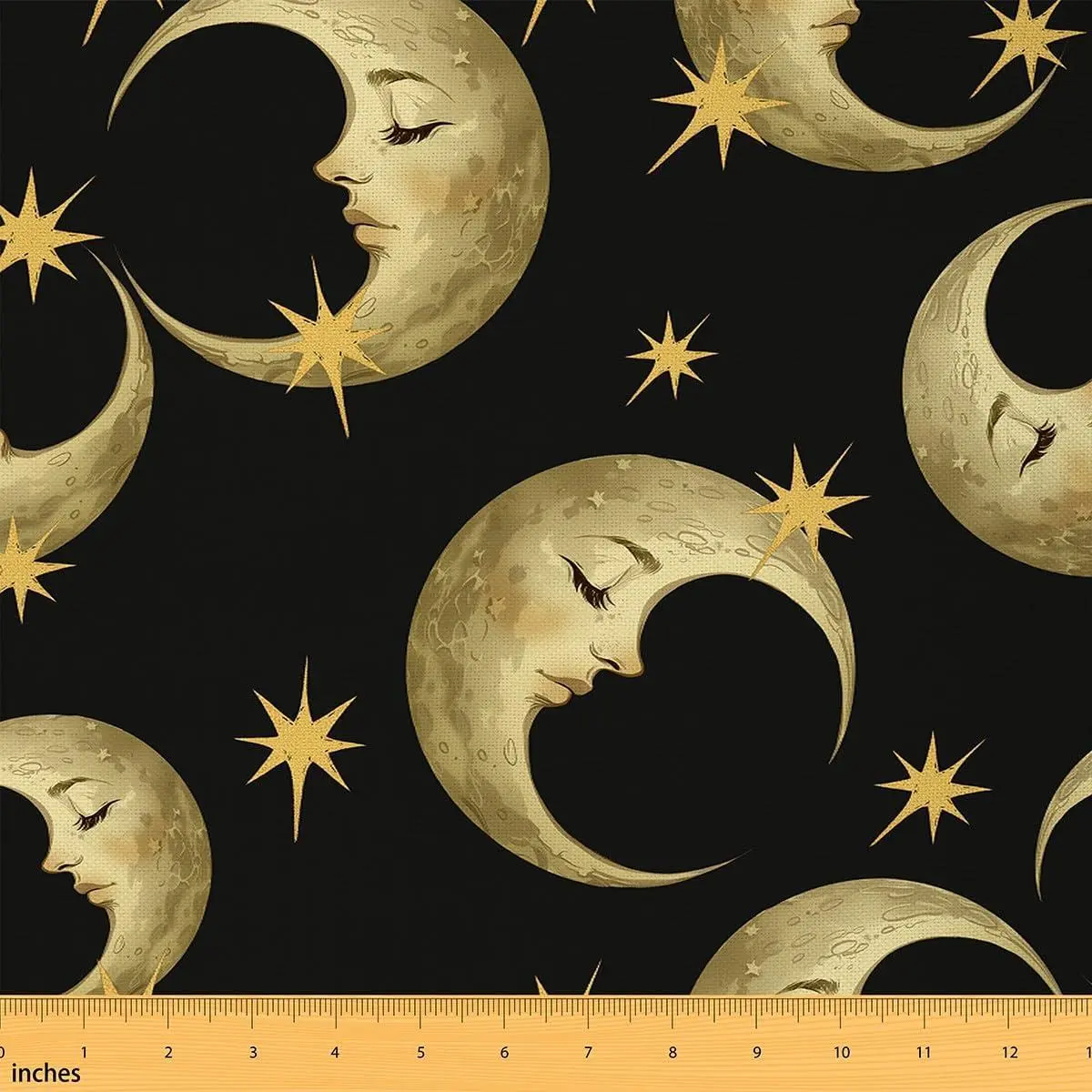 Exotic Moon Fabric Glitter Starry Stars Decorative Fabric Western Boho Style Fabric DIY Soft Flannel Polyester No Stretch,Yellow Black