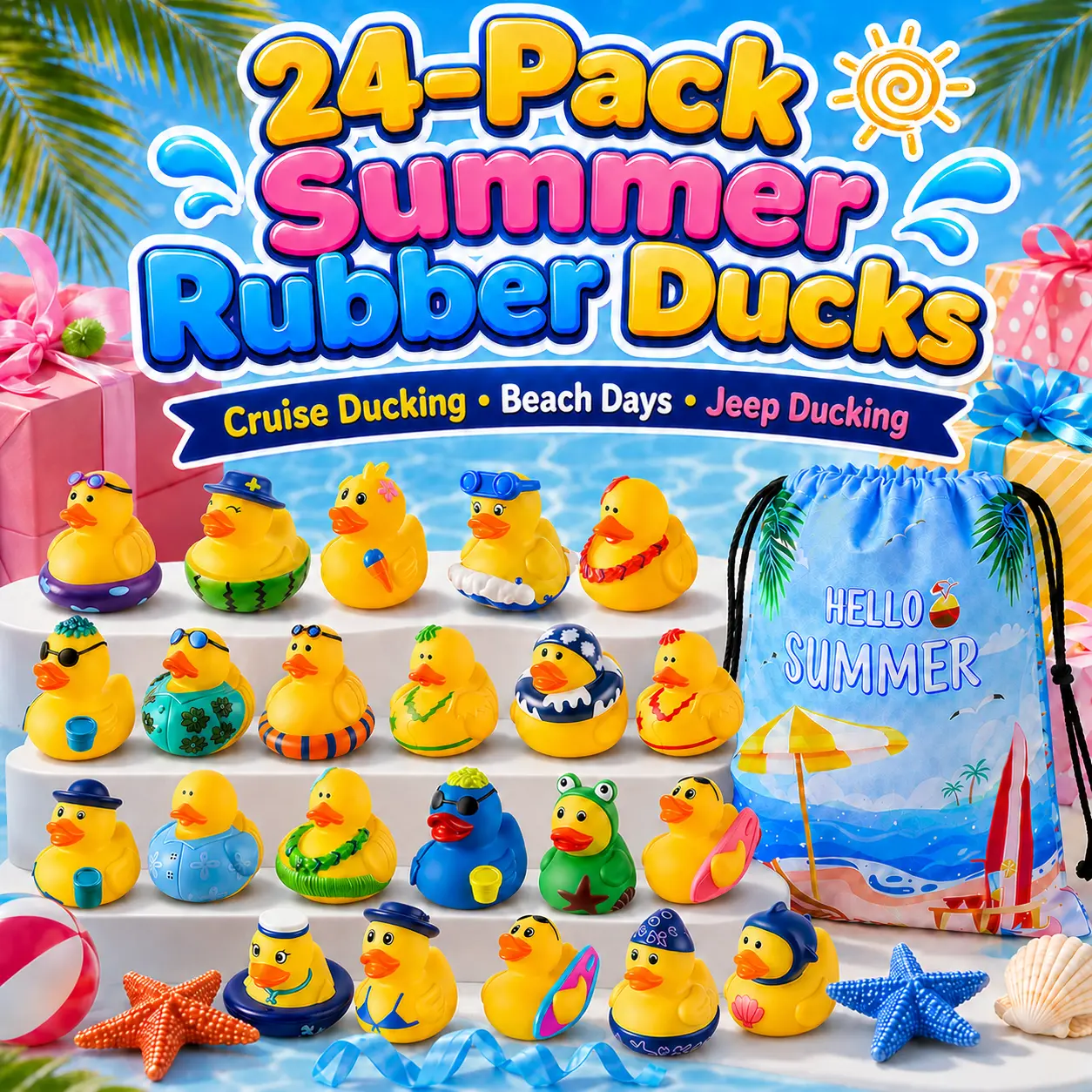 24 Pack Rubber Ducks for Cruise Ship Ducking – Beach Ducks for Jeeps, Bulk Summer Floating Ducks with Mesh Bag, Bath & Pool Toys for Kids, Party Favors, Birthday Gifts, Classroom Rewards & Carnival Prizes