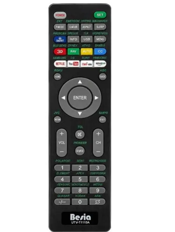 Besia Infrared Portable Universal TV Remote Control Replacement (UTV-T1115A) - Compatible with Emerson, Magnavox, Sanyo, TCL, Hisense, Element, Westinghouse, Seiki, Polaroid, JVC, Akai, Coby & More Brands, Portable Remote Controls