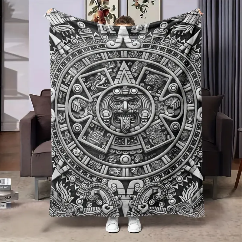 Modern Aztec Style Flannel Throw Blanket, Soft and Warm Digital Printed Fleece, Multi-functional Gift Blanket, 100% Polyester Fiber, 200-250g Lightweight Fabric, Suitable for Sofa, Office, Camping, Travel, All-season Comfortable Blanket