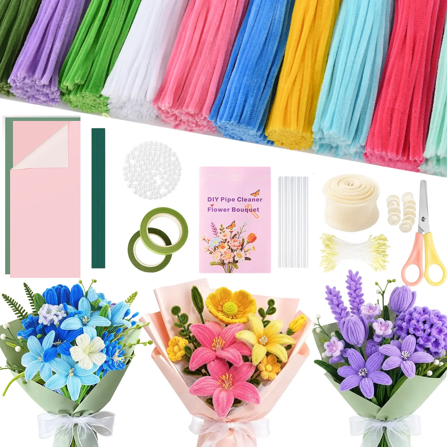 Mega DIY Flower Craft Kit - 800pcs-Pastel/1000pcs-Rainbow Chenille Stem Pipe Cleaners , Glue Sticks Included, Beginner-Friendly Supplies, Artificial Bouquet Making, Home Decor for Adults (Father's Day,Back To School , Party Activities), Hot Pink