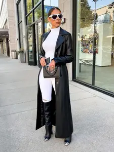 Women's Solid Button Front Longline PU Leather Coat Jackets, Casual Long Sleeve Lapel Neck Outerwear for Fall & Winter, Ladies Clothes for Daily Wear