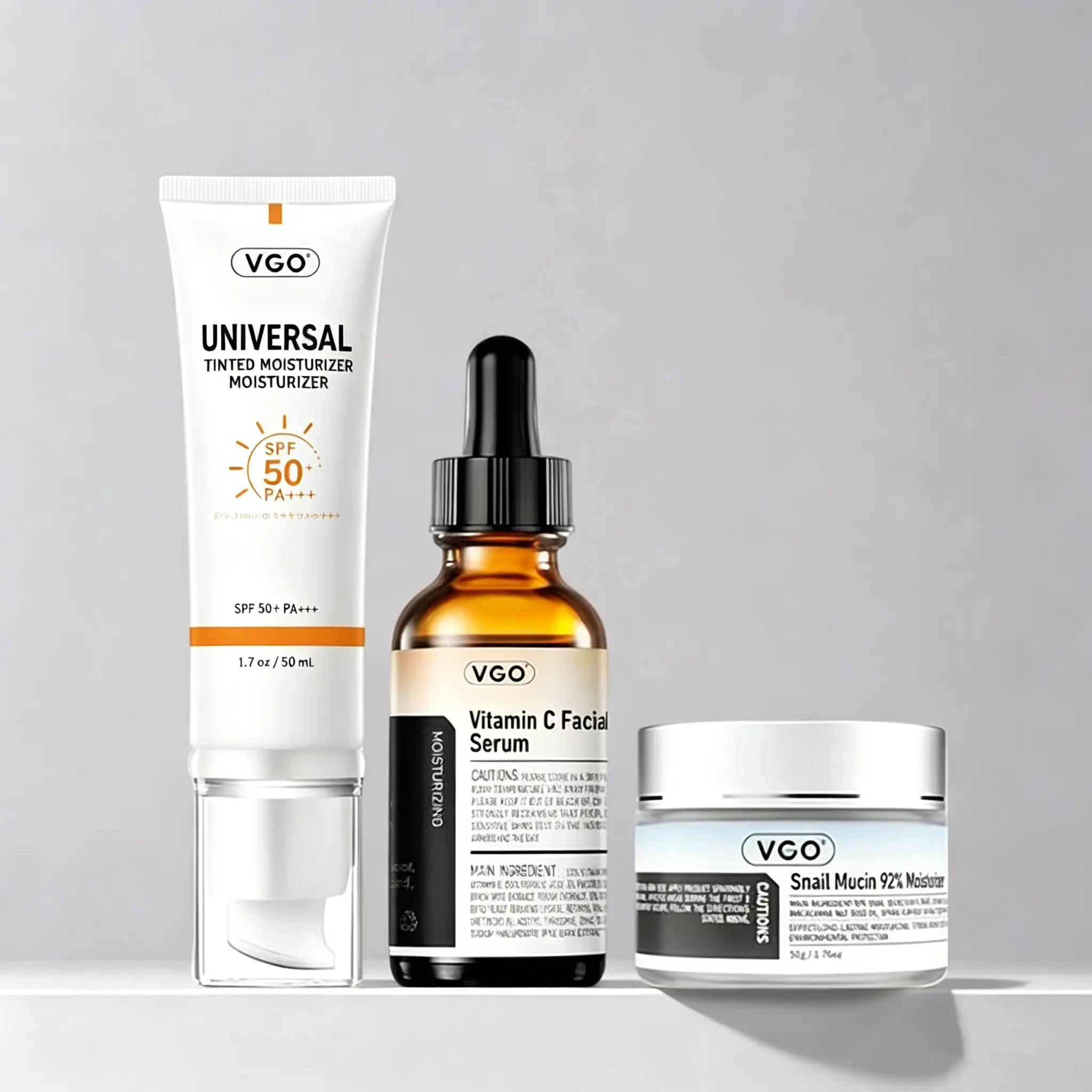 VGO A three - piece skincare set consisting of snail cream, vitamin C serum, and sunscreen. It offers moisture - locking, sun protection, and overall skin - caring benefits.