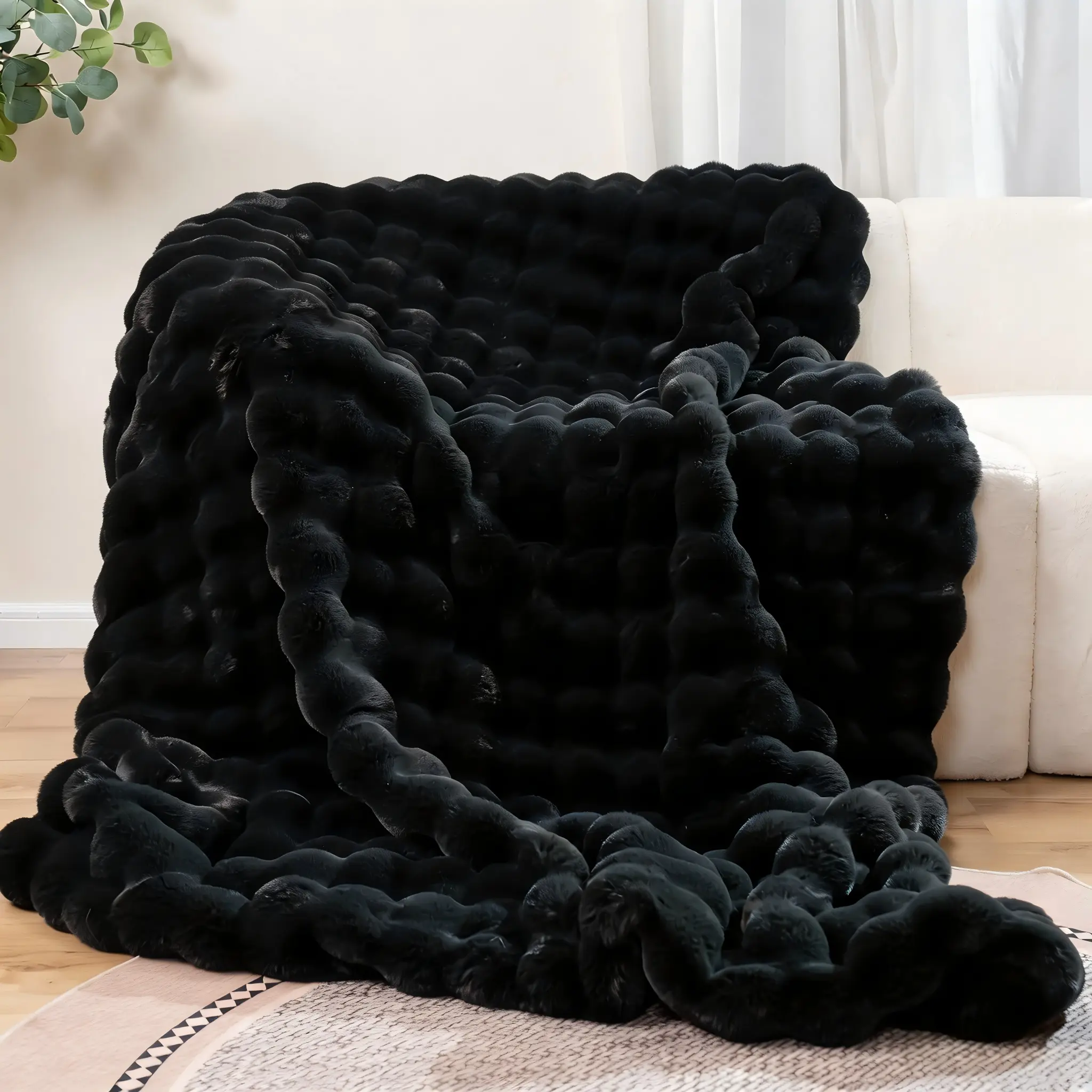 【Father 's Day Gift】MACINSO Luxury Fluffy Cloud Blanket 60x80 Inch Super Soft Imitation Rabbit Fur Throw Ultra-Thick Plush Blanket for Couch & Home Decor Perfect Women's Gift in Elegant High-End Black