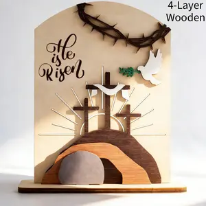 Easter Decor, Wooden Cross Decorations, Wooden Cross Set - Wooden 4-Layer 'He Is Risen' Jesus Cross Tabletop Decoration, Christian Home & Church Holiday Ornament, Gift for Believers & Living Room Display, Jesus Resurrection Scen