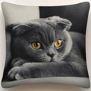 British Shorthair Blue Cat Pillow Cover, Cute Pet Style, Living Room Bedroom Sofa Universal, Realistic Cat Print, 2D Single Side Print, All Seasons Use