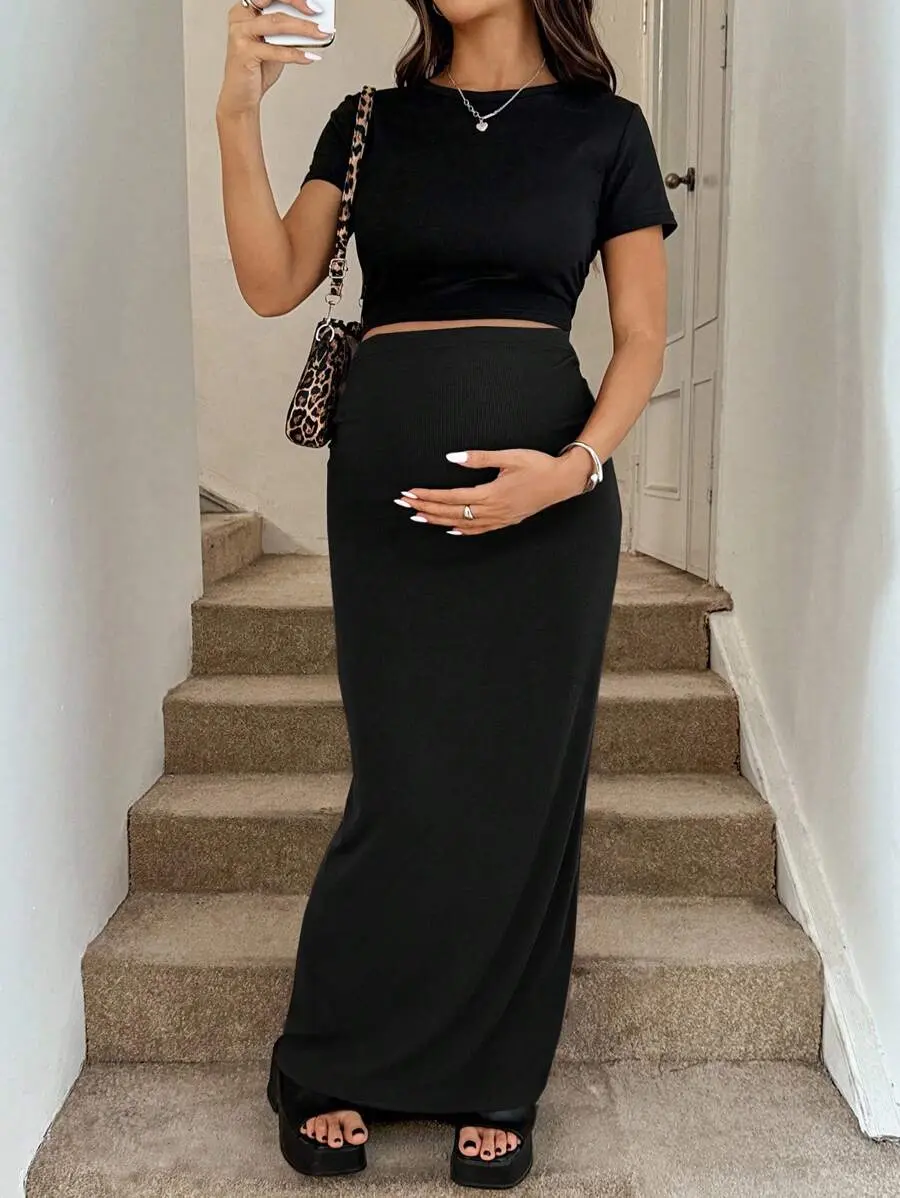 Bumpie x  Elegant Maternity High Waist Skirt, Solid Color Fall