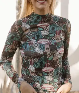 Las Vegas Rodeo Cowgirl Mesh Top(NFR) - Lightweight Breathable Collage Pattern Western Culture Vegas Flair Women's Top 96% Polyester 4% Spandex