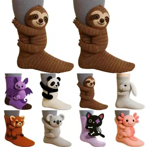Women'S 3D Animal Socks - Winter Warm Mid-Calf Floor Socks with Cute Sloth, Panda, Rabbit, Bear & More Plush Animal Designs |         Soft Hand-Washable Unisex Socks for Home & Outdoor Use |         Cozy Christmas Gift (Brown & Purple) |         Multi-Col