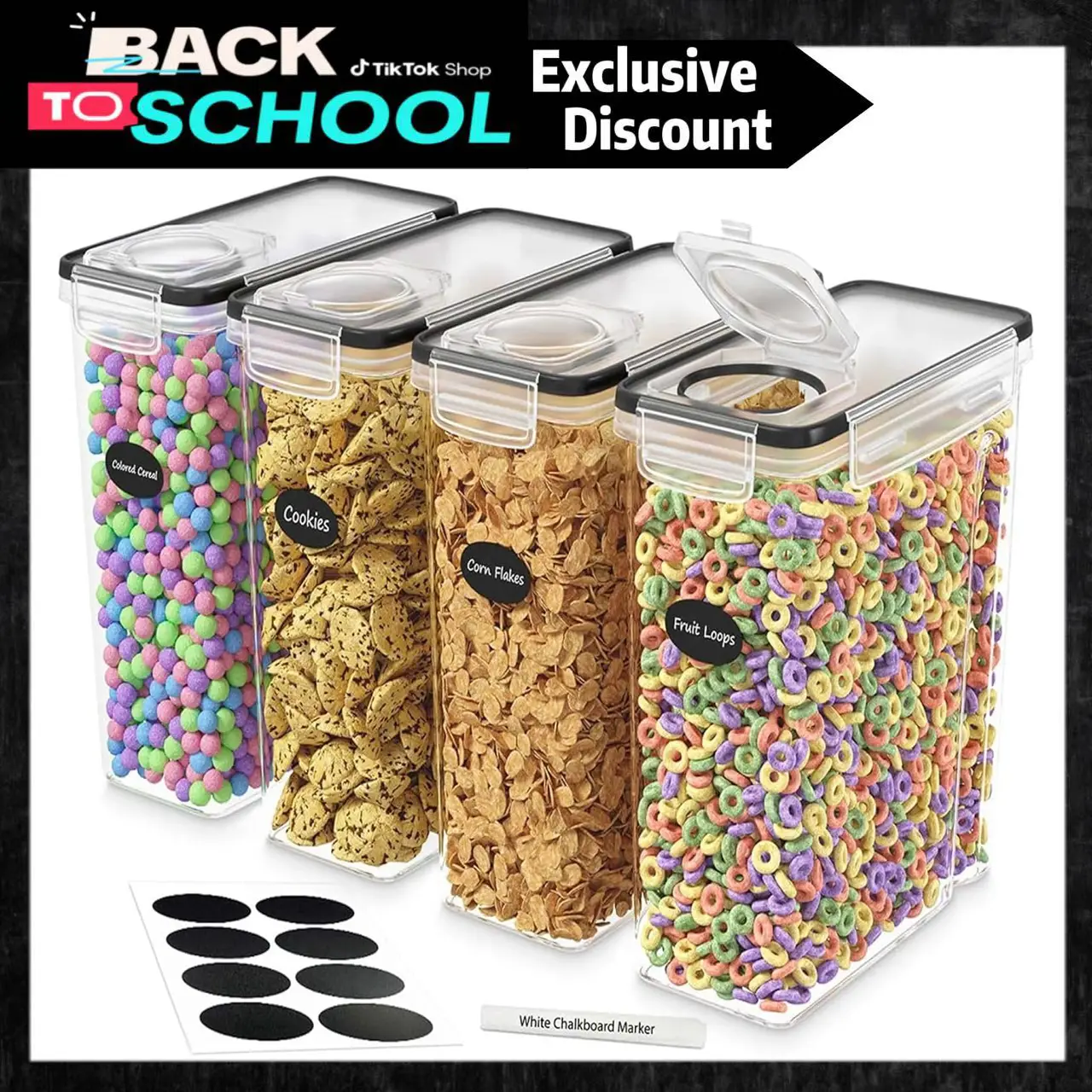 AISOON 8 PCS 4 Pack Airtight Cereal Containers Food Storage Containers & Cereal Dispenser For Pantry Organization Canisters For Kitchen Counter Set Li