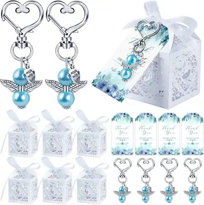 Shower Favors, 48 Sets - Angel Keychains, Boxes & Thank You Cards - Baptism & Wedding Favors (Blue)